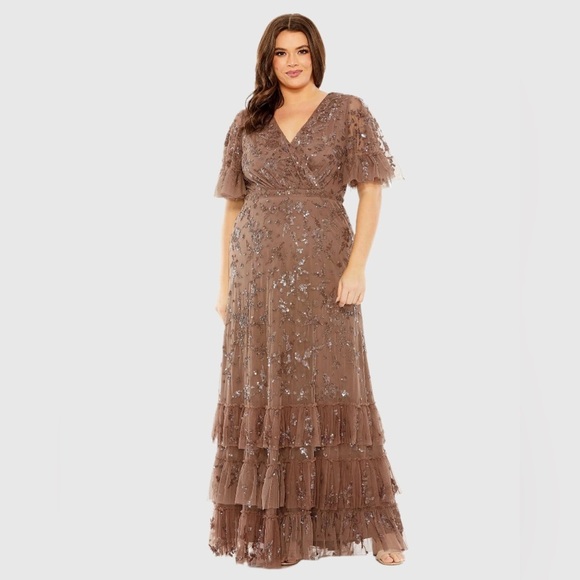 MAC DUGGAL 9270 Sequin Embellished Flutter Sleeve Faux Wrap V-Neck Tiered Gown - Picture 1 of 8